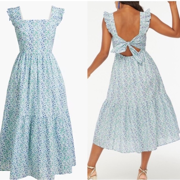 J. Crew Dresses & Skirts - J.Crew Blue Floral Tiered Smocked Midi Dress Tie-Back Cutout Women’s Size 6